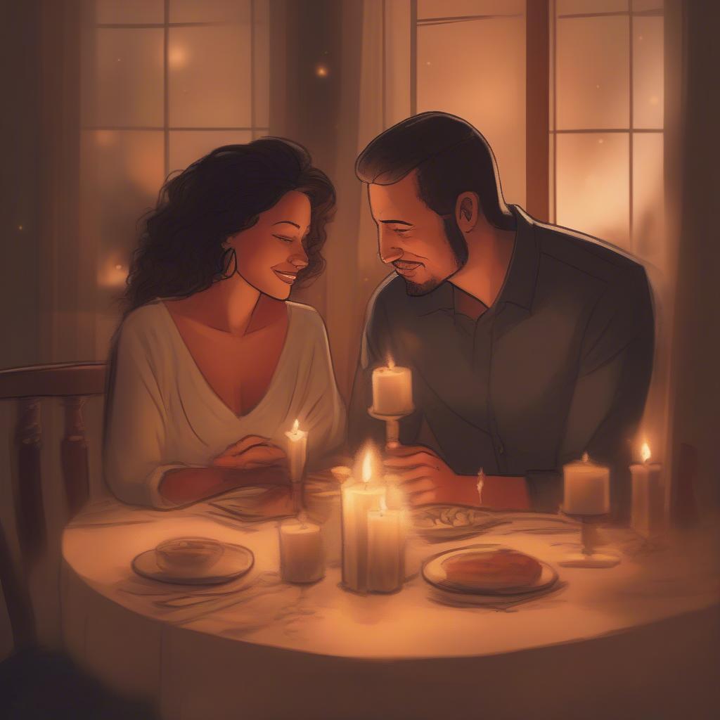 Couple enjoying a candlelit dinner, with a quote overlayed: "My husband, my rock."