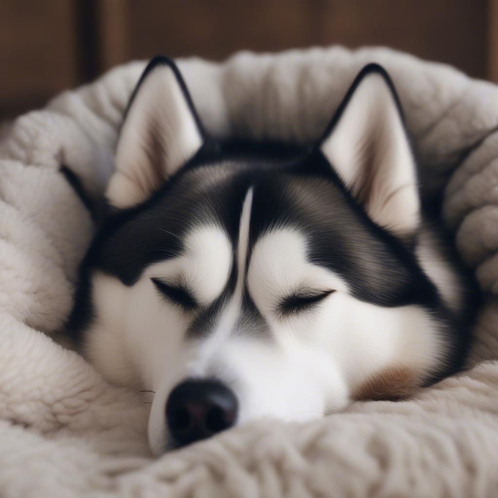 Husky Sleeping Comfortably in a Dog Bed