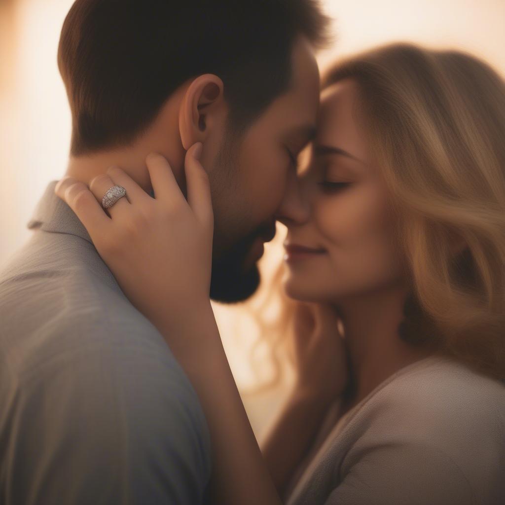 Romantic couple embracing, with the woman whispering "I love you" in the man's ear.