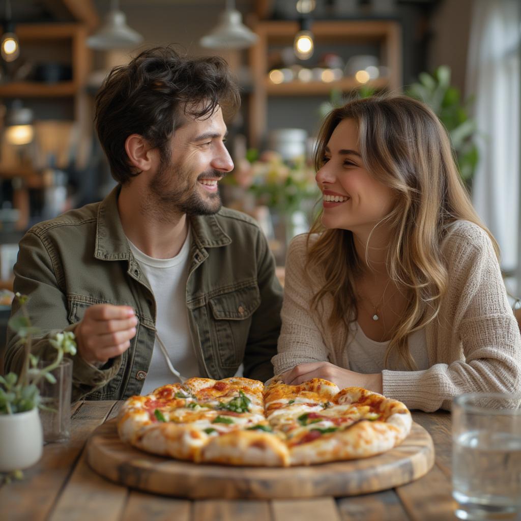 Couple laughing over pizza, illustrating a funny "I love you more than..." quote.