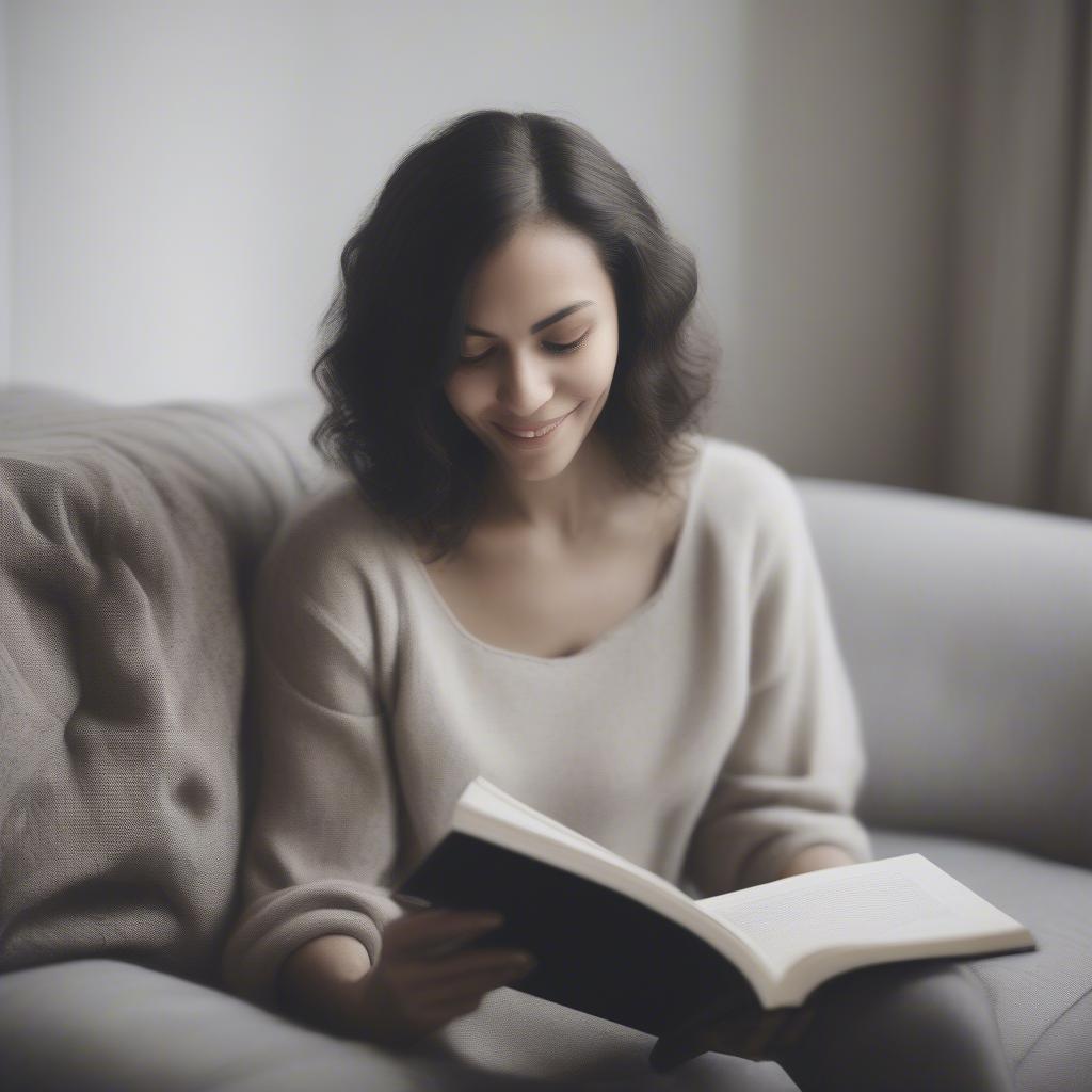 Woman Reading a Book with a Thoughtful Expression