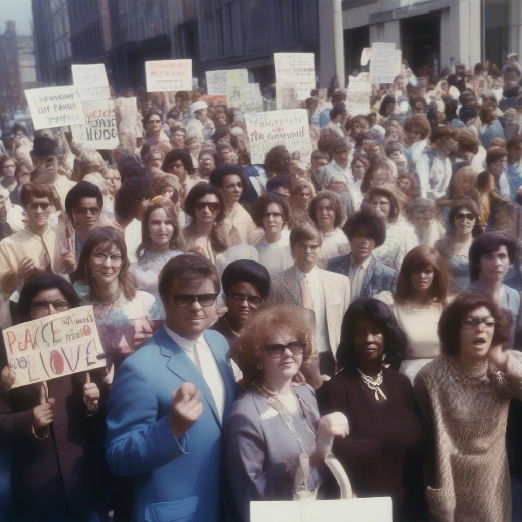 People holding signs promoting peace and love during the 1960s