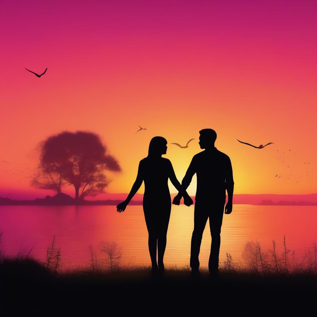 Silhouettes of a couple holding hands at sunset