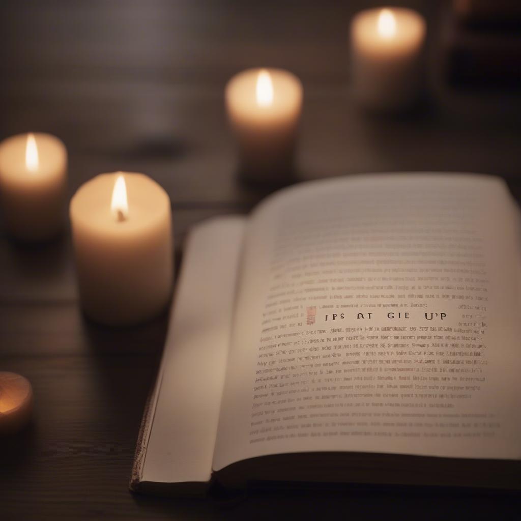 Inspirational love quotes for strength - An open book with highlighted "Don't give up" quotes with a soft glowing light emanating from the pages.