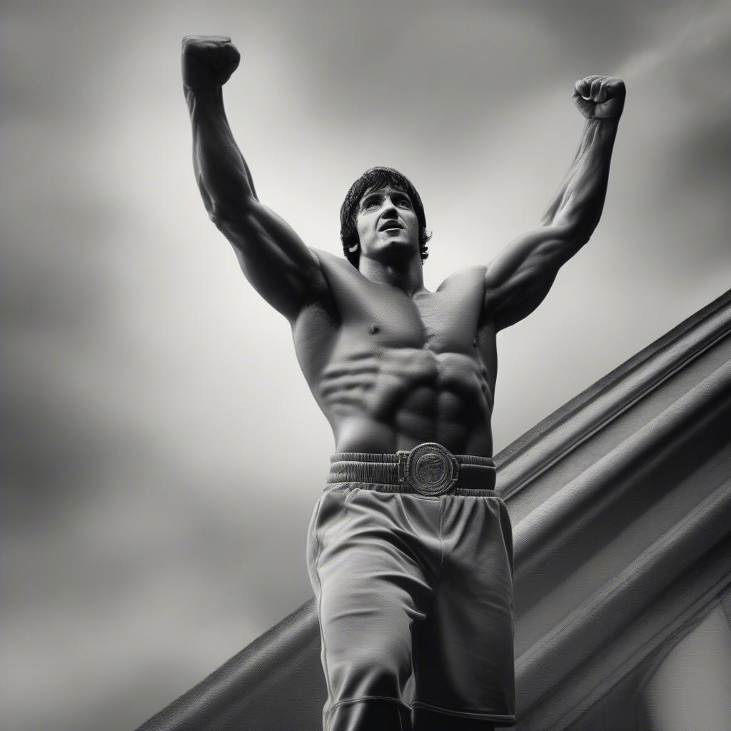 Rocky Balboa triumphantly raising his arms at the top of the Philadelphia Museum of Art steps