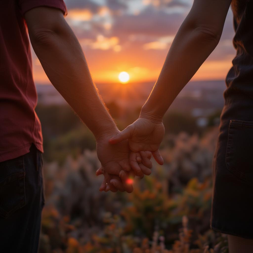 Inspirational quotes for the man you love showing a couple holding hands with a beautiful sunset in the background.