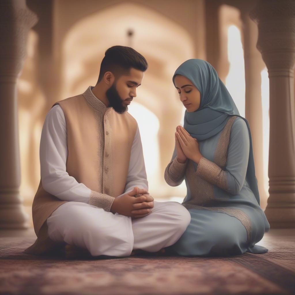 A Muslim couple praying together, hands clasped in devotion, surrounded by soft, warm light.