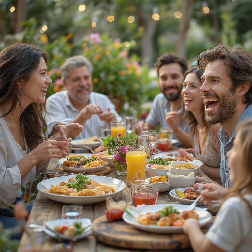 Family enjoying a meal together in Italy