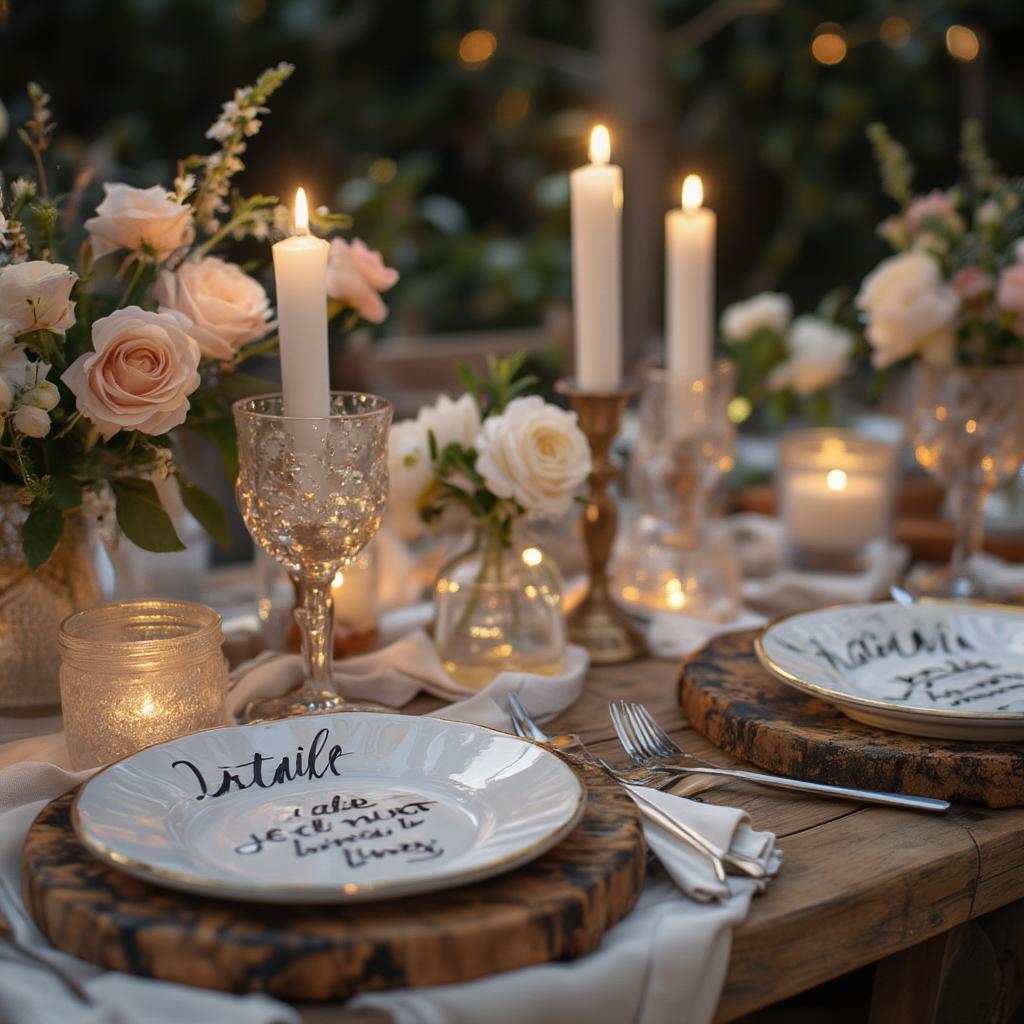 Romantic dinner setting with Italian love quotes as decor