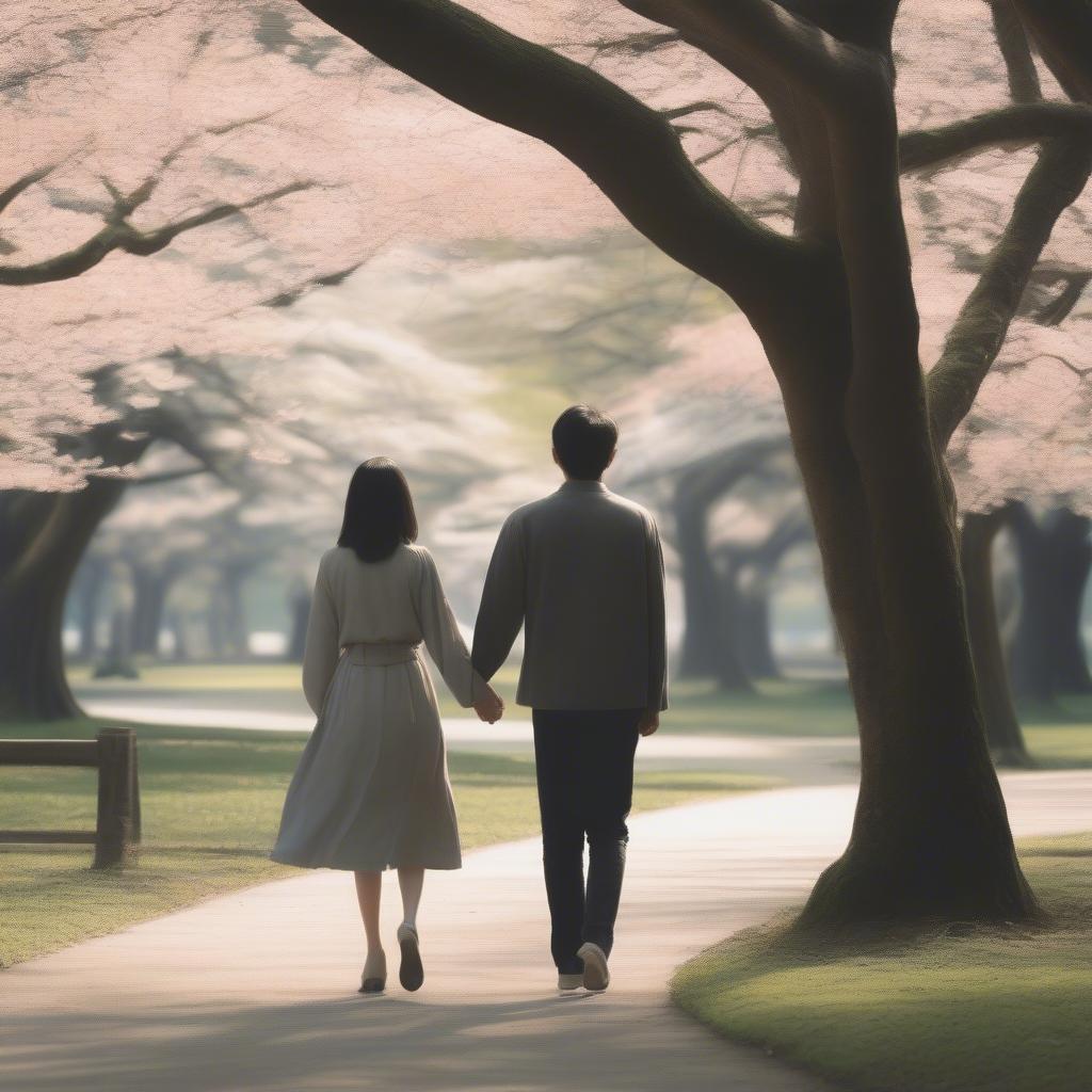 A couple holding hands while walking in a park.