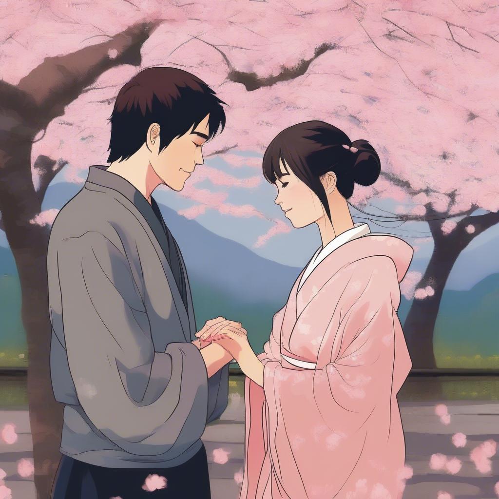 A Japanese couple holding hands and expressing their love for each other.