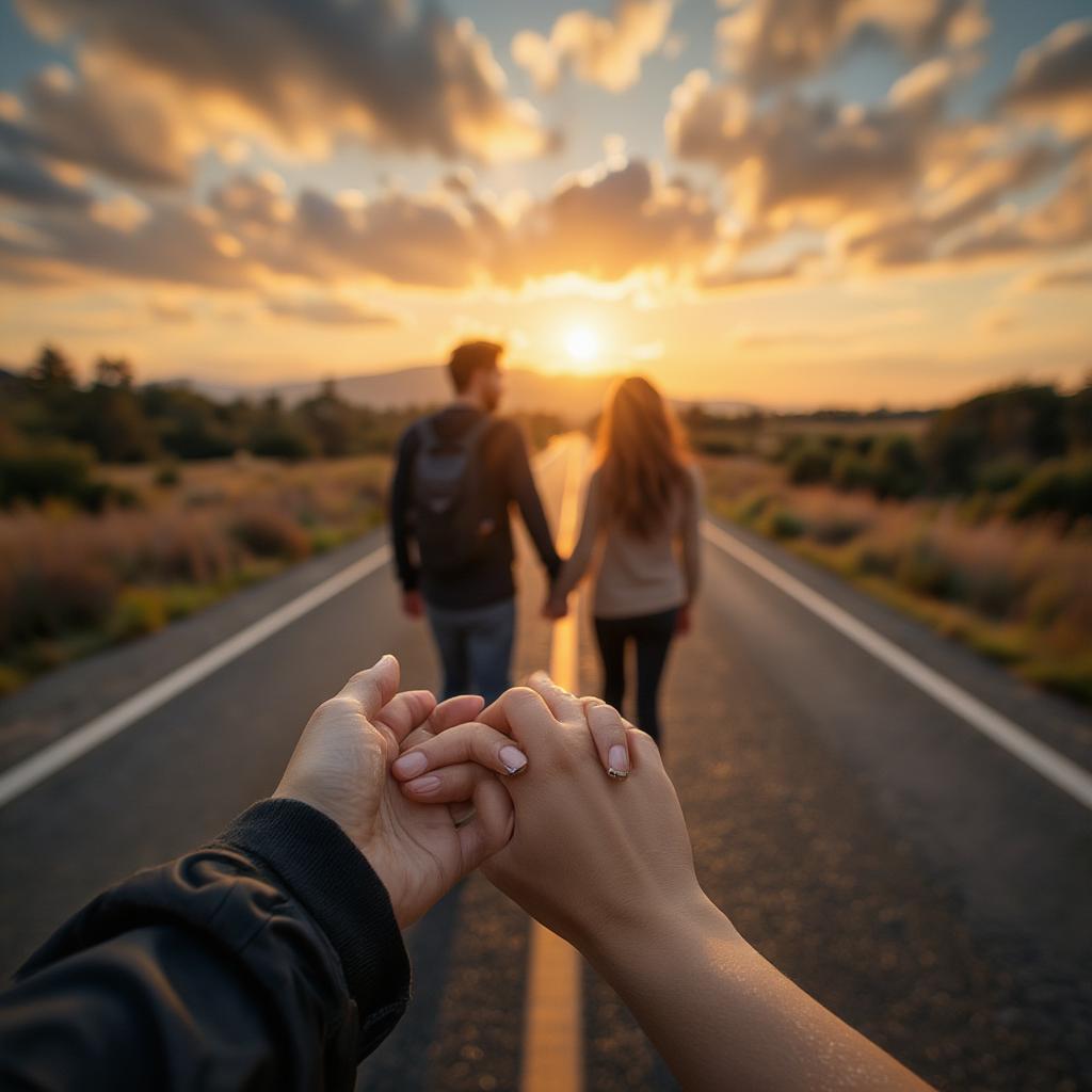 Couple walking down a road, hands intertwined, sunset in the background