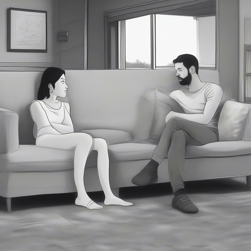 Couple sitting apart on a couch, looking distant and disconnected