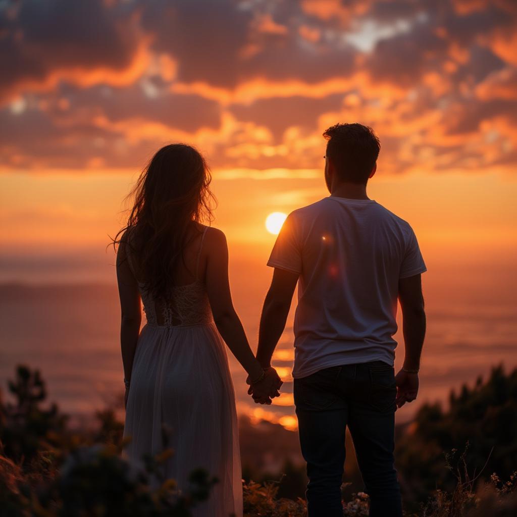 Couple watching sunset, symbolizing lasting love.