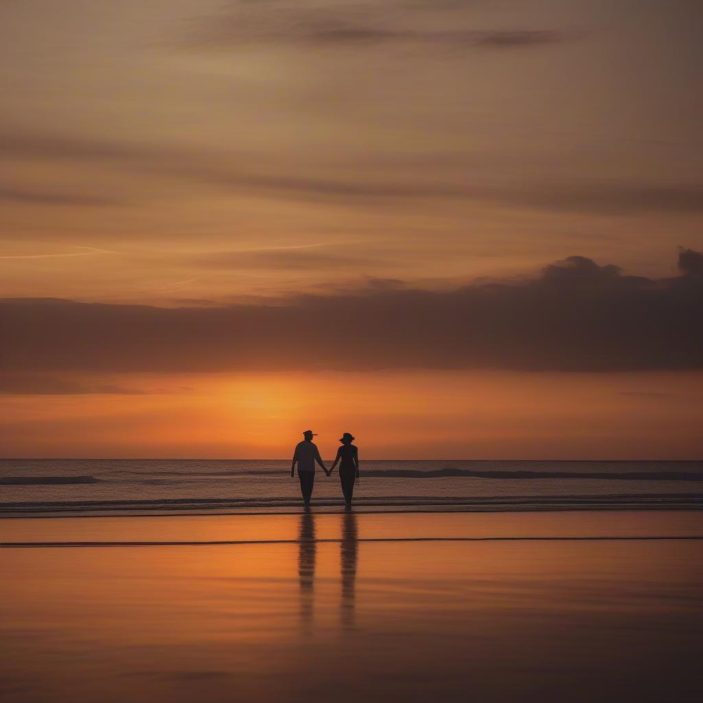 Couple enjoying a romantic sunset walk on the beach in Acapulco