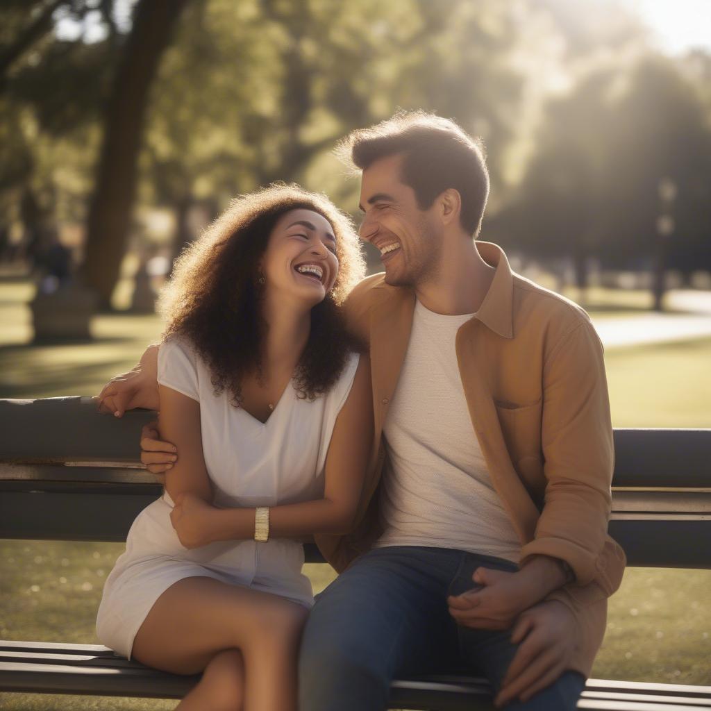 Couple laughing together in a park