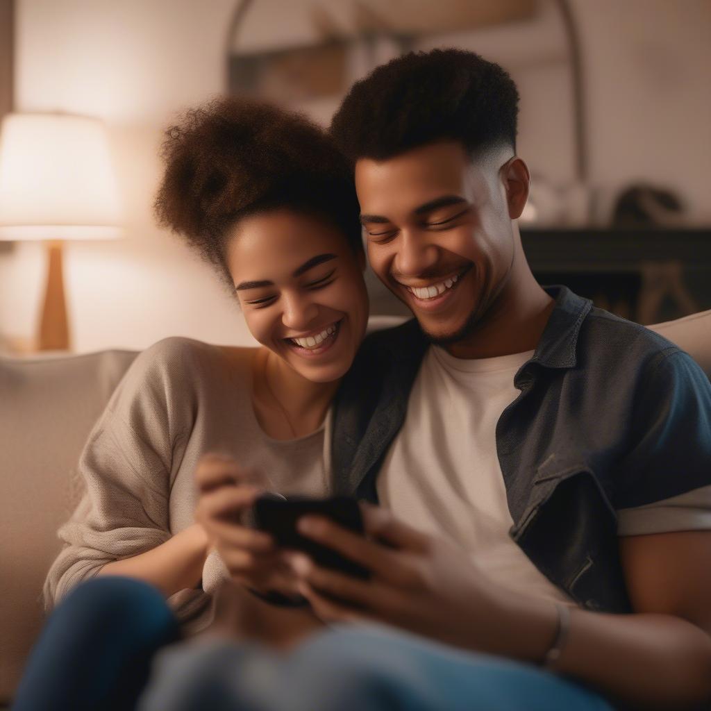 Couple Laughing at Love Quotes on a Phone