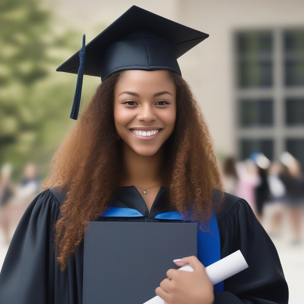 Leah Taylor in a graduation cap and gown, holding a diploma, smiling at the camera.  Potentially posing with family and friends in the background.