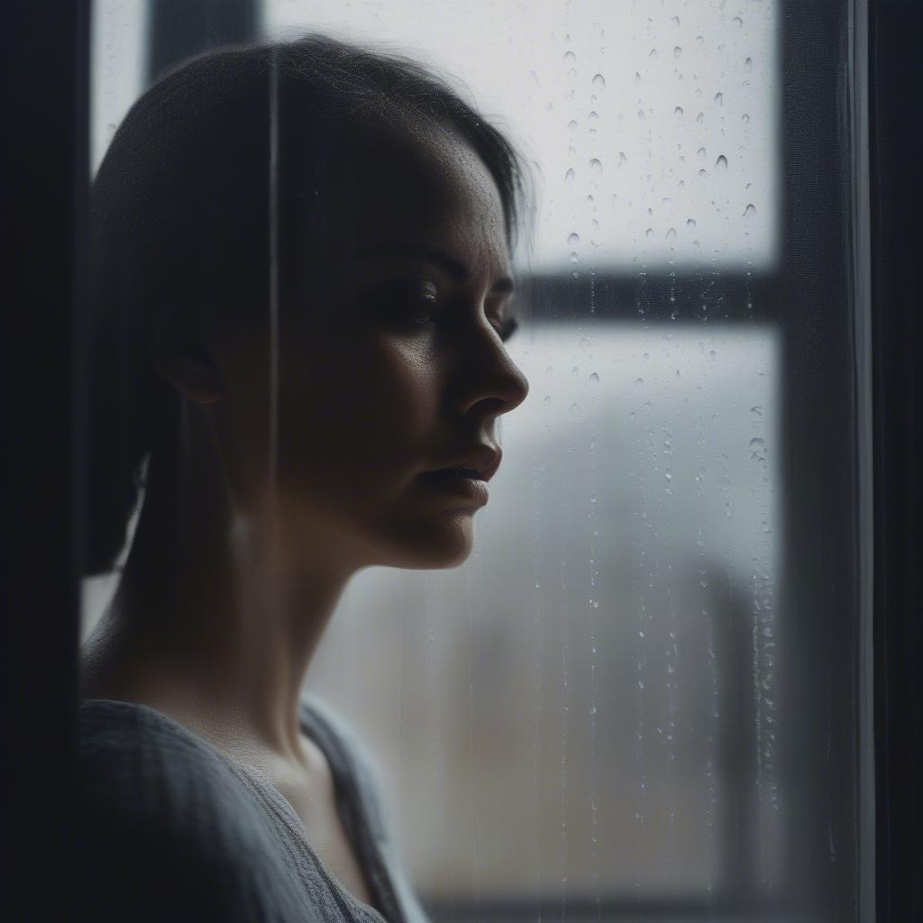 Woman looking out window with a sad expression