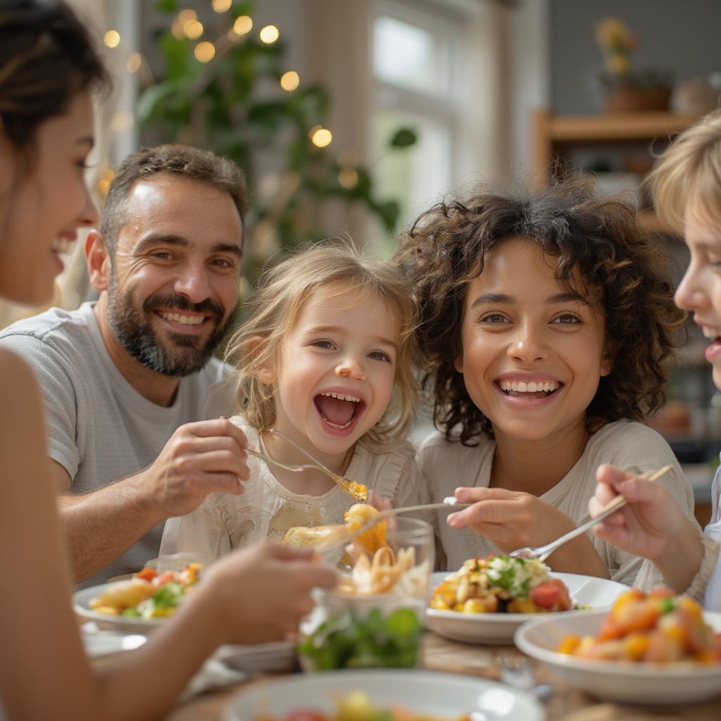 A family gathered around a table, laughing and sharing a meal. The quote "Life is love" is displayed prominently.