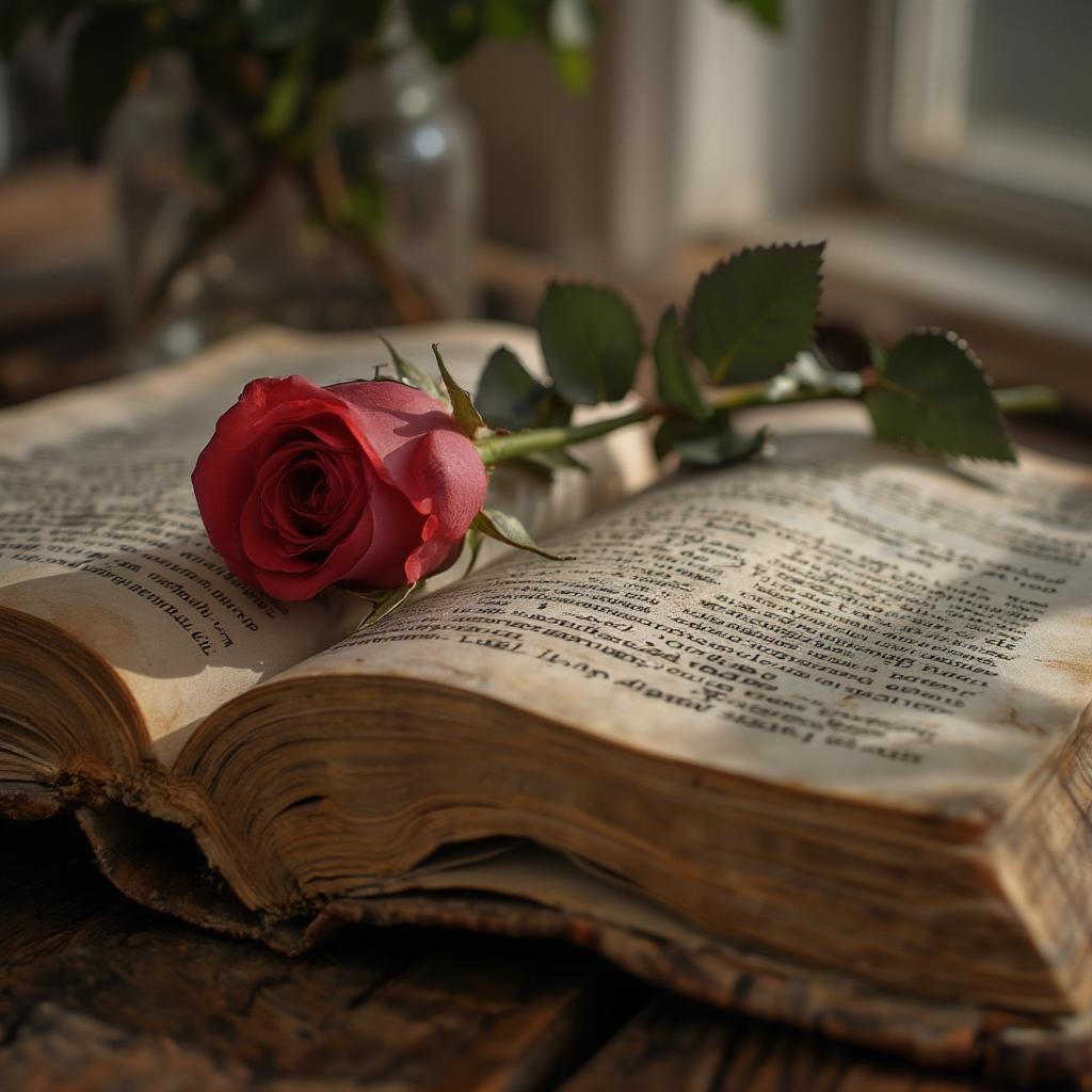 Classic Romance in Literature Depicted with Open Book and Rose