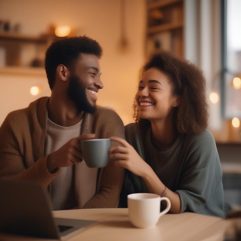 Long-distance couple connecting via video call