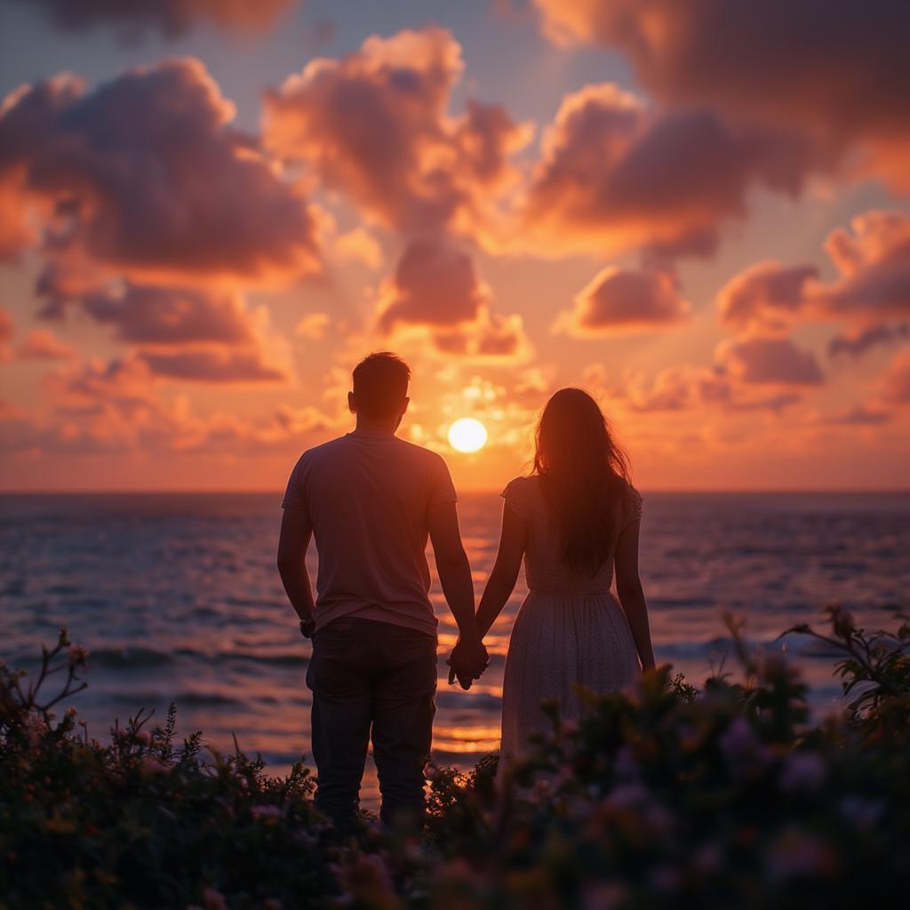 Couple watching sunset together, symbolizing long-lasting love.