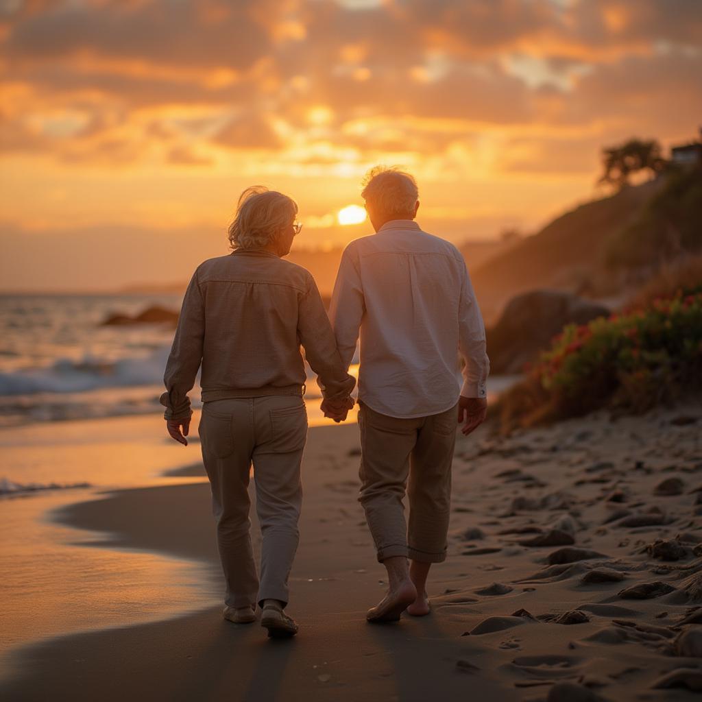 An older couple walking hand-in-hand on a beach, symbolizing long-term love and commitment.