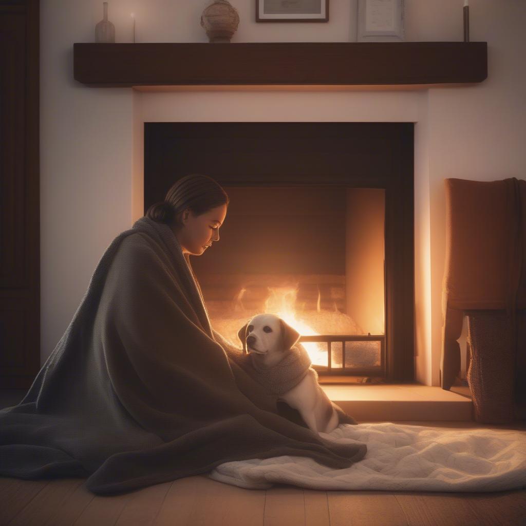 A cozy scene with a person and their dog by the fireplace