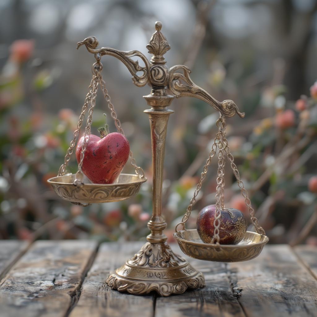 Scales of justice balanced with a heart symbolizing love and justice.