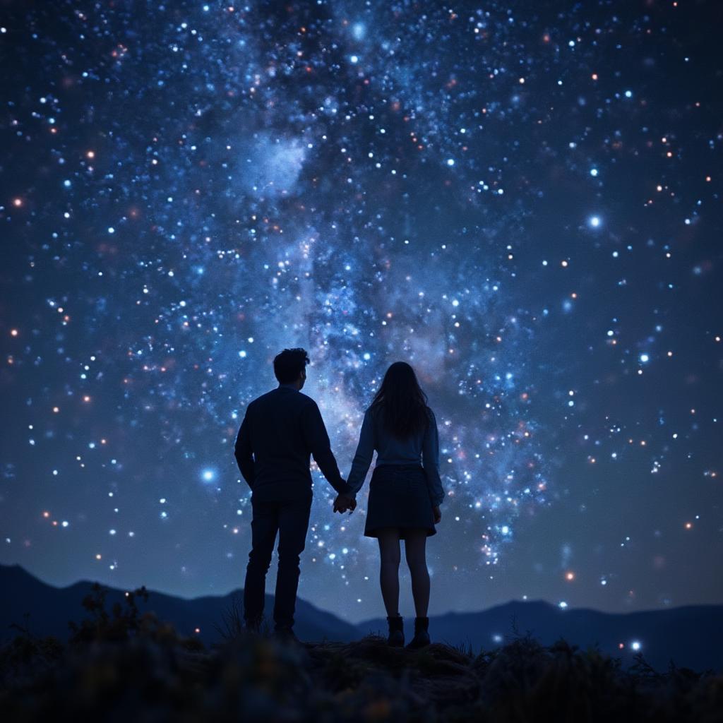 Couple gazing at a starry night sky