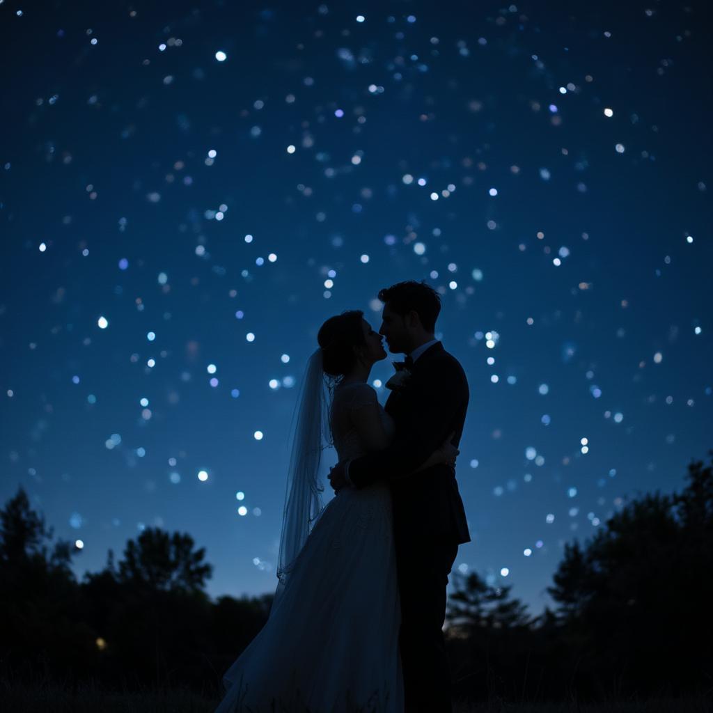 Couple embracing under the starry sky at their wedding