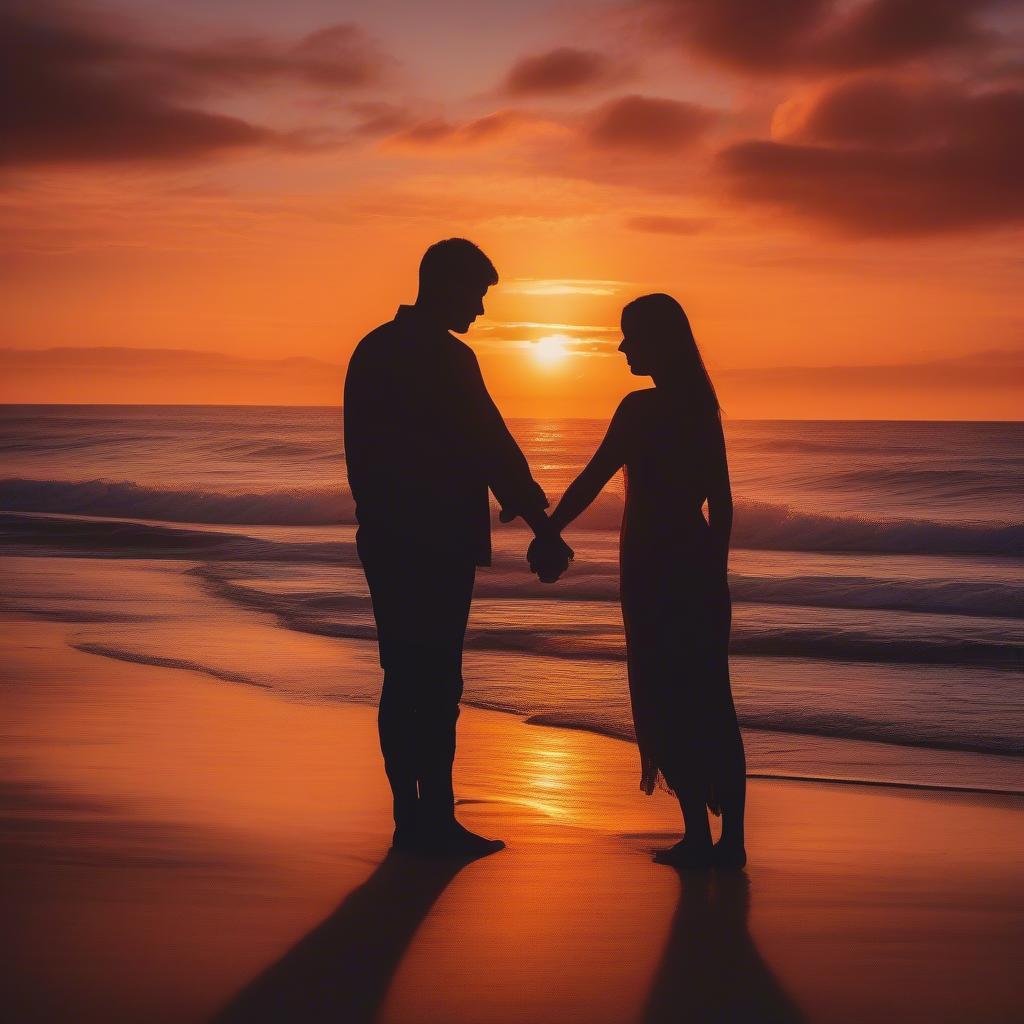 Couple on beach watching sunset, symbolizing love and sun quotes.