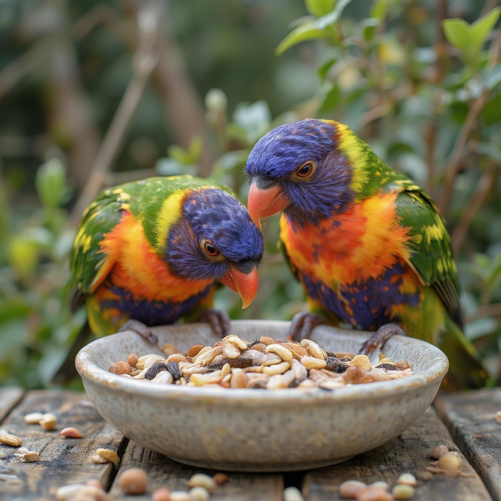 Love birds eating seeds from a bowl