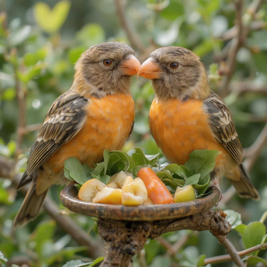 Love birds enjoying fresh fruits and vegetables