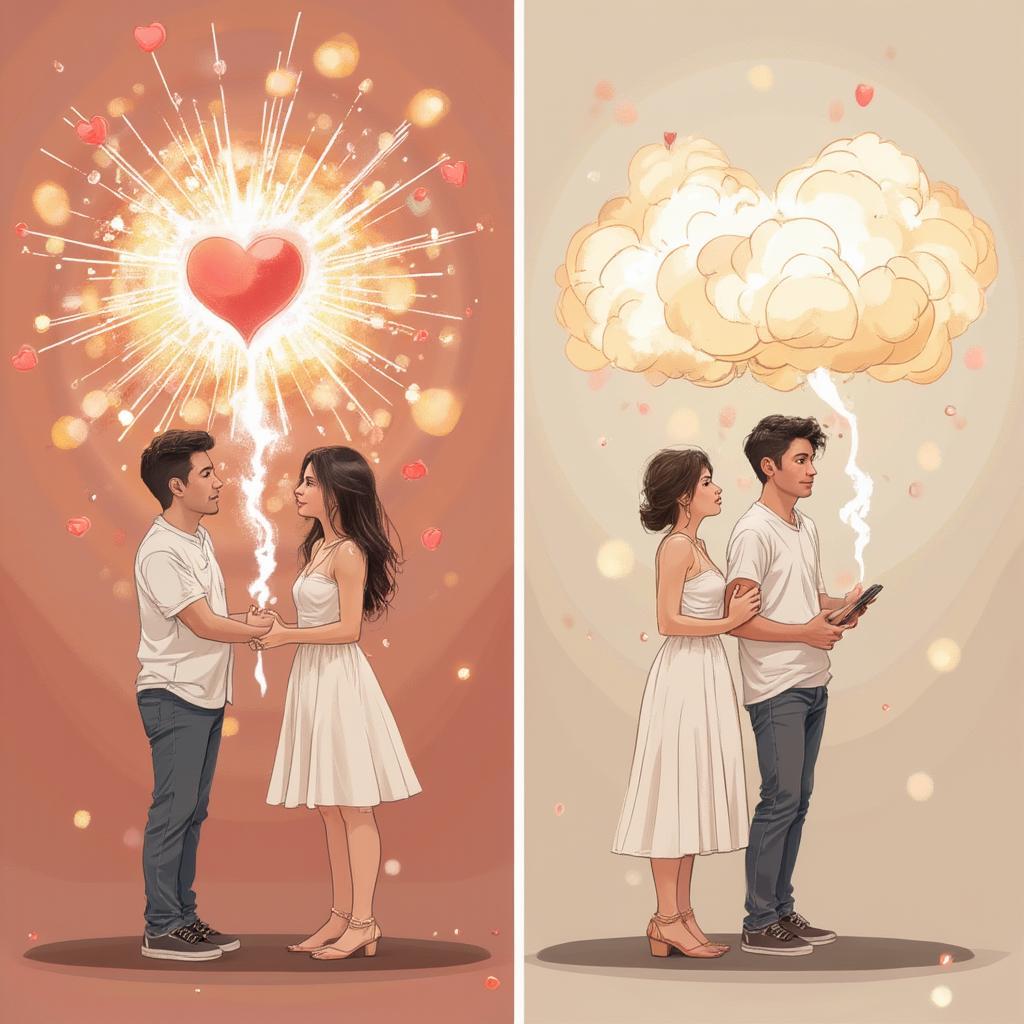 Love Bombing vs. Genuine Love: Illustration comparing the intense, short-lived nature of love bombing with the steady growth of genuine love.