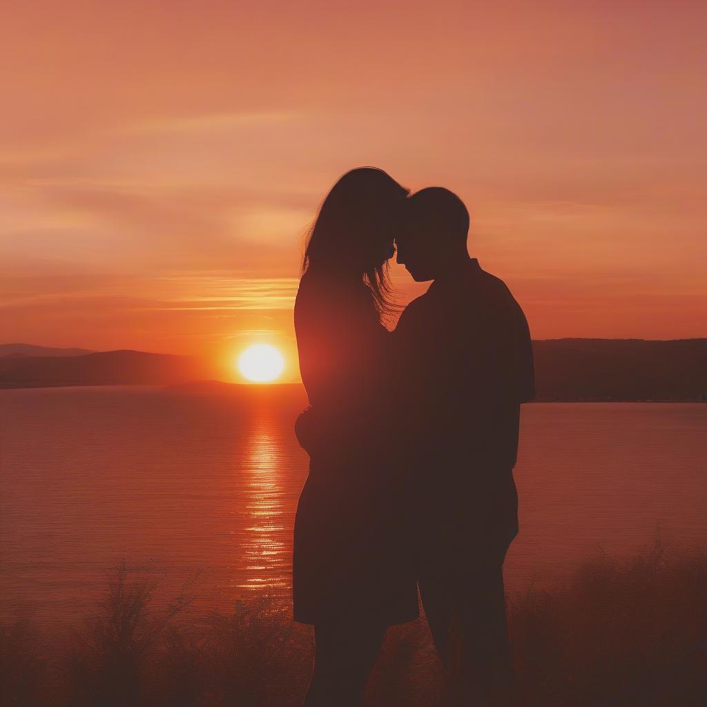 Couple Embracing at Sunset: Depicting a couple silhouetted against a vibrant sunset, holding each other close, symbolizing the moment when love deepens and crosses over into a profound connection.