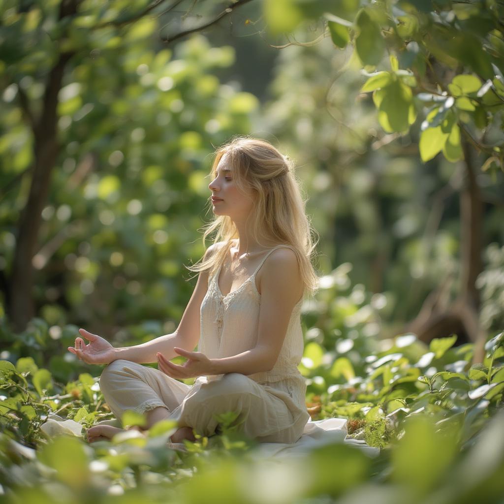 Person meditating in nature, surrounded by vibrant green leaves and sunlight.