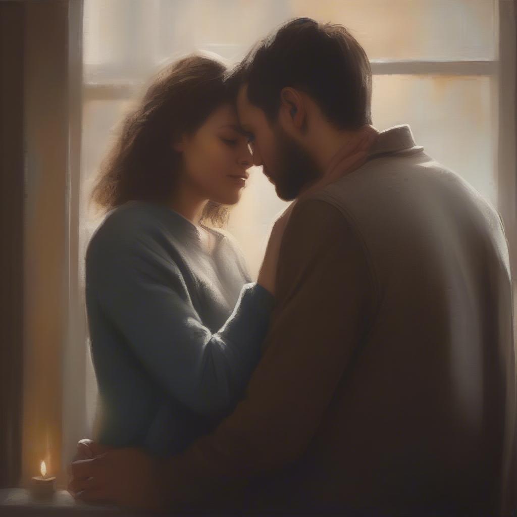 A romantic couple gazing into each other's eyes, with a soft light illuminating their faces. The image evokes a sense of deep connection and love.