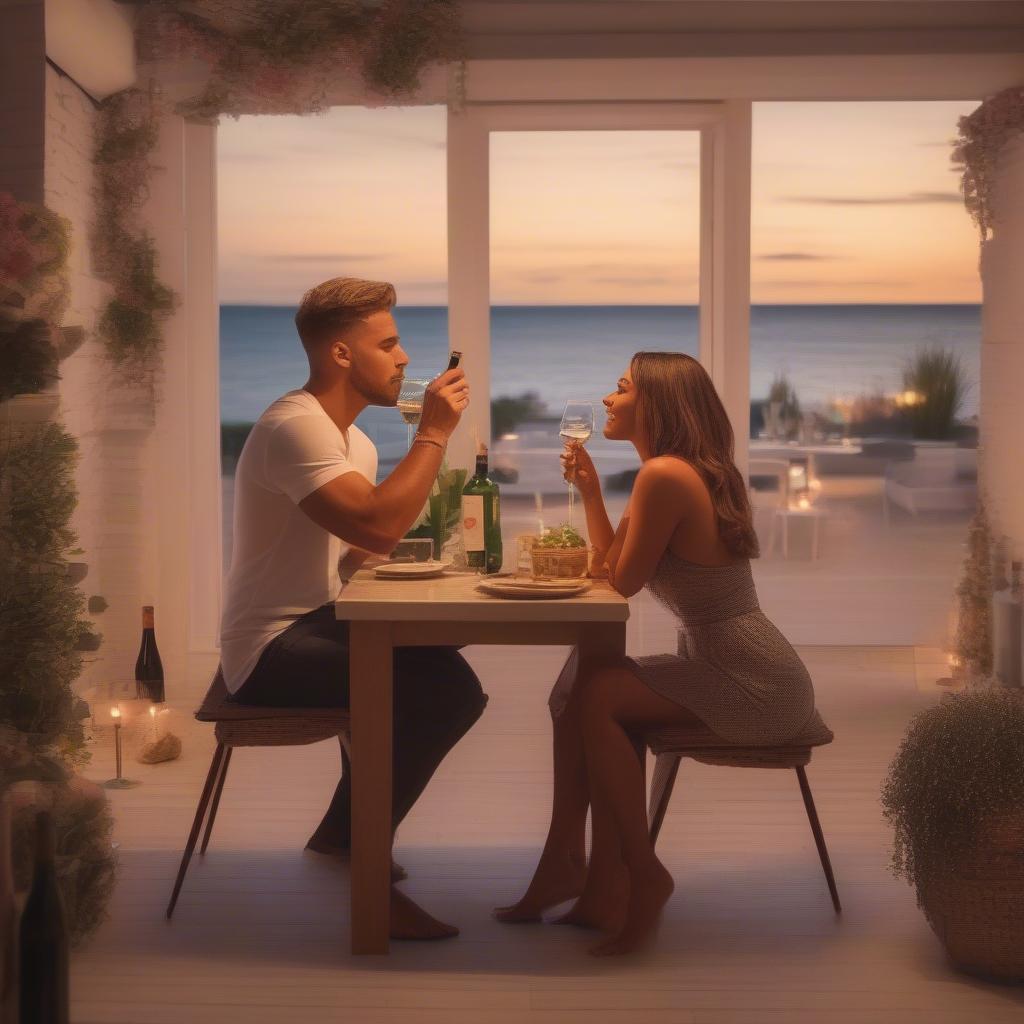 Love Island couple enjoying a romantic dinner with wine