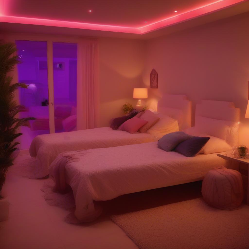 Love Island villa bedroom at night