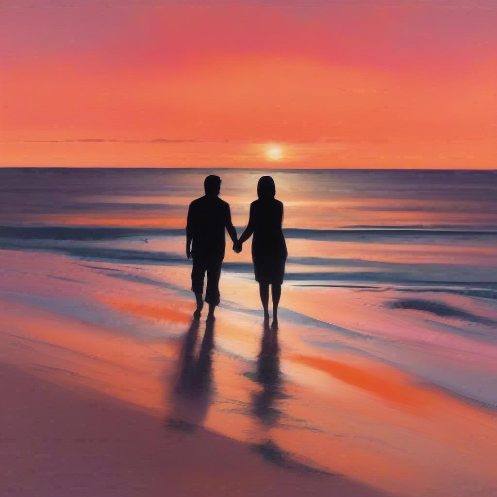 Couple walking on a beach at sunset, hand in hand, symbolizing love, life, and happiness.