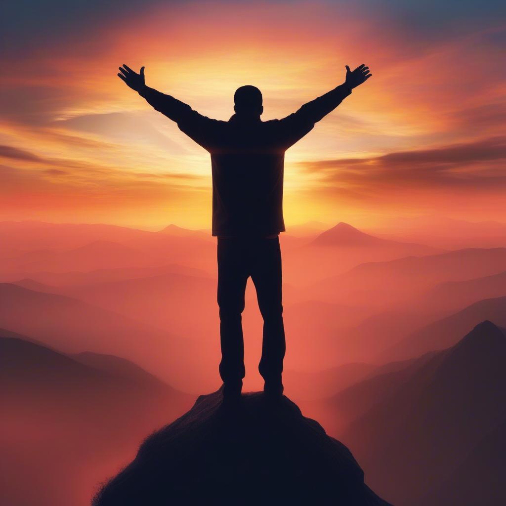 Man standing tall on a mountain top