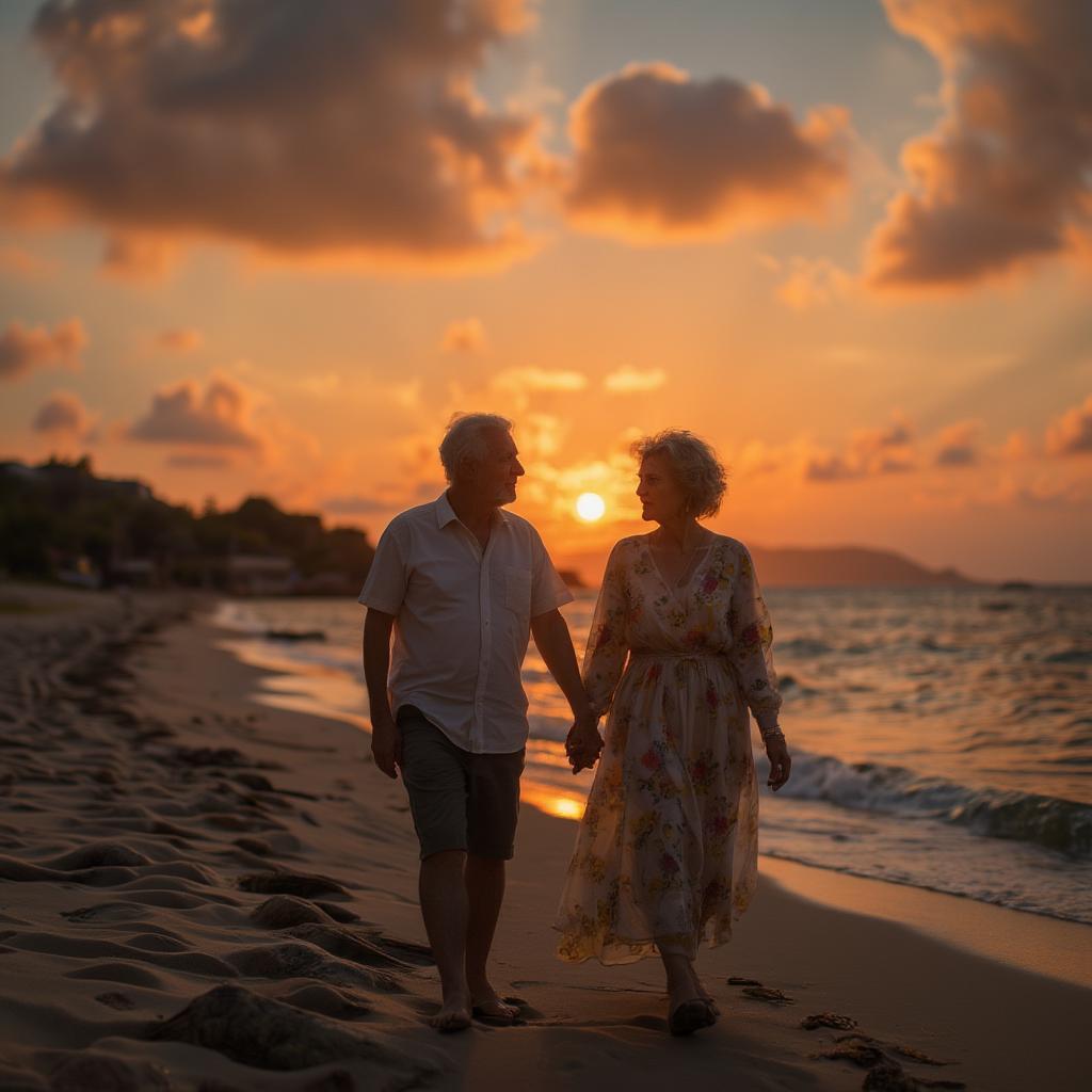 Couple walking on the beach at sunset, hand in hand, reminiscing about their love story