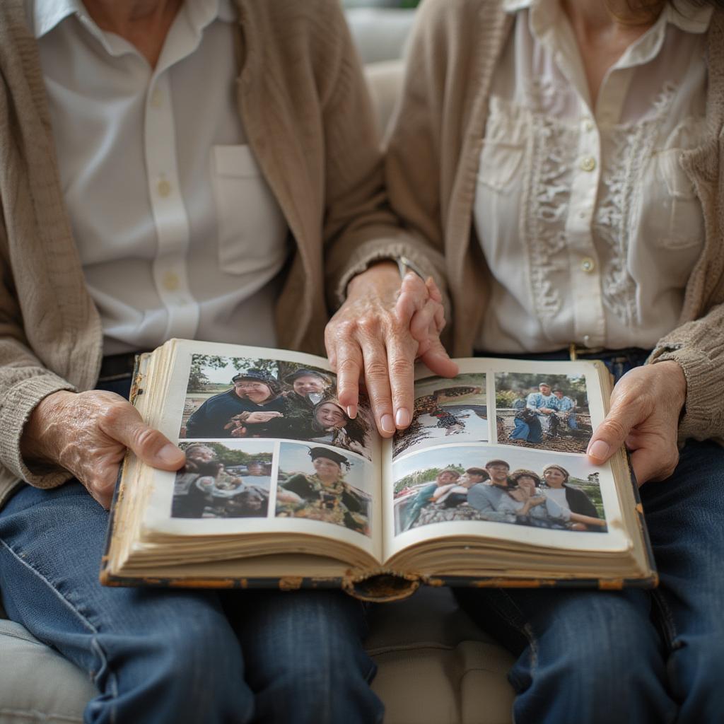 An elderly couple holding hands, gazing at a photo album filled with memories of their life together