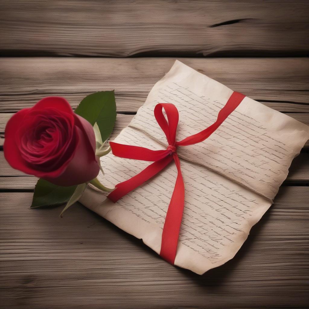 A love poem written on parchment paper, tied with a red ribbon, and placed on a table next to a single red rose.