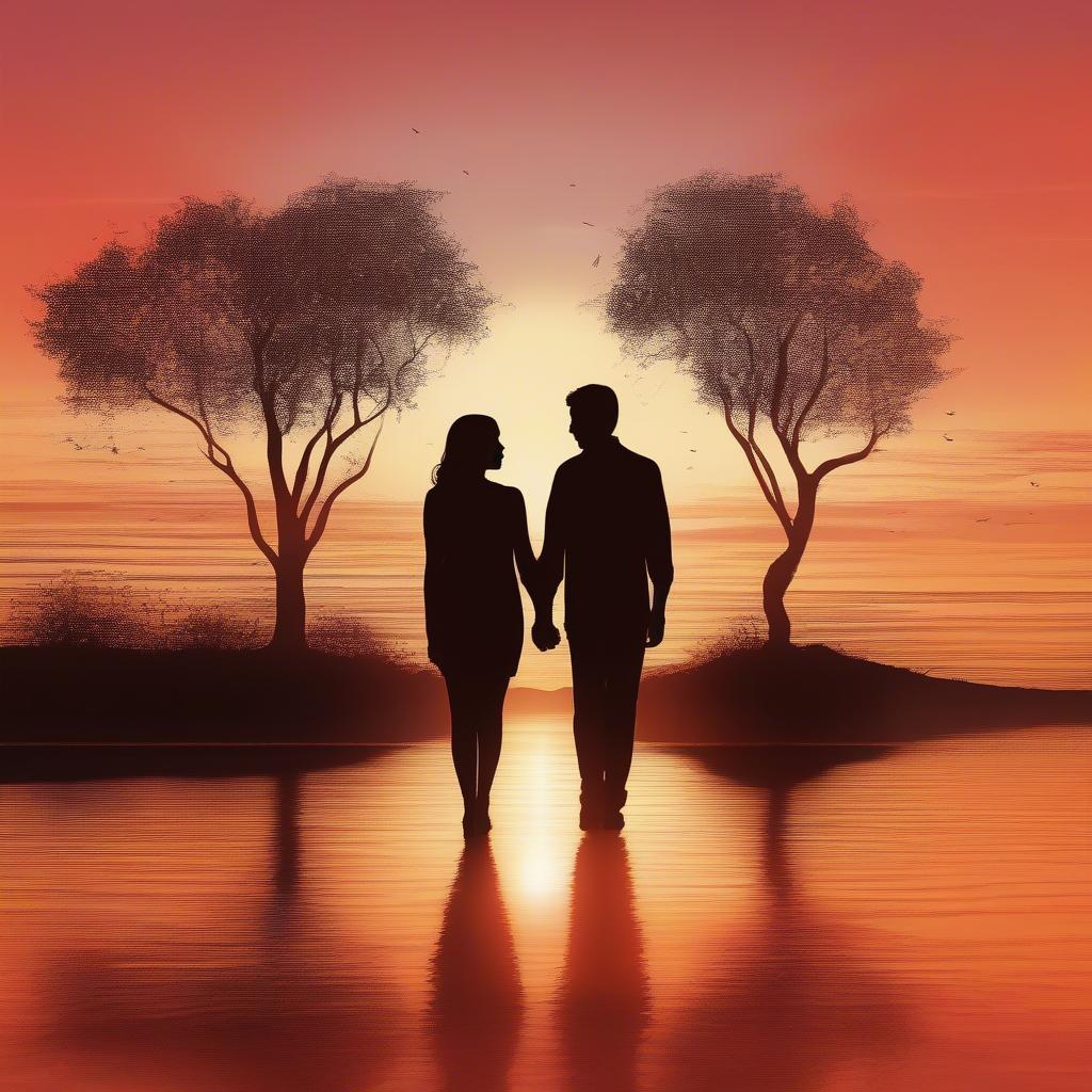 Silhouette of a couple at sunset, symbolizing romantic love.