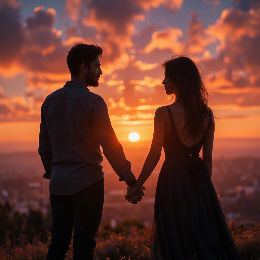 Silhouette of a couple against a sunset, symbolizing romantic love and a shared future.