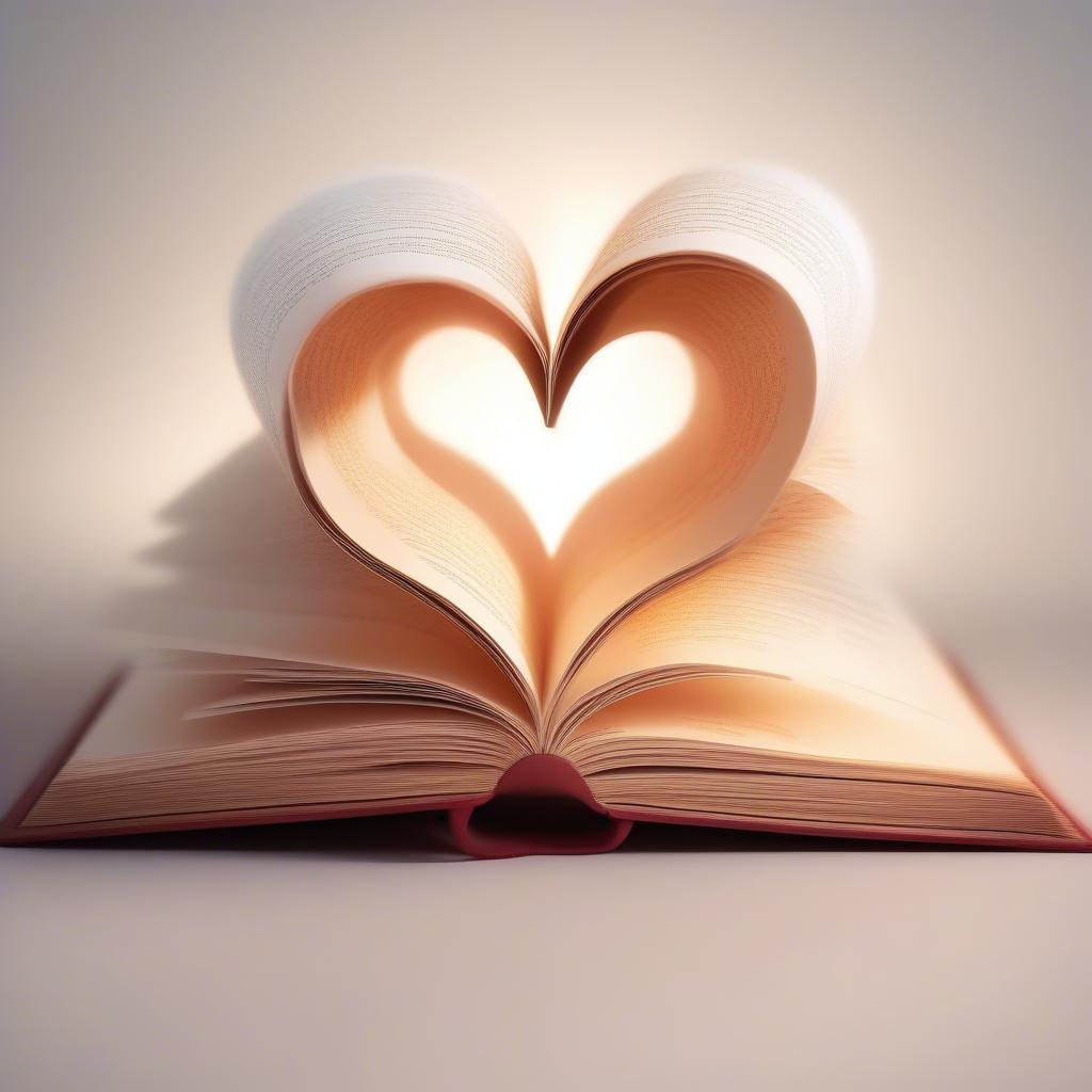 Open book with heart shaped pages and love quotes