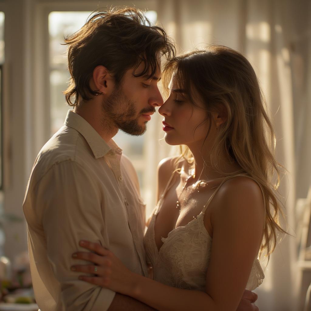 Couple Embracing in a Sunlit Room